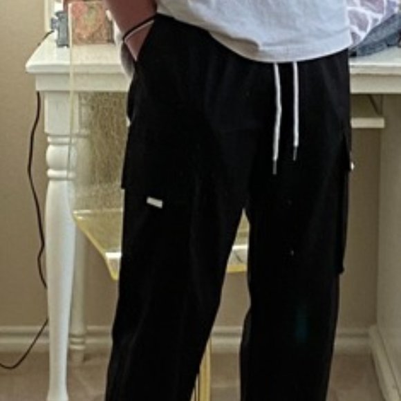 Mens Flap Pocket Drawstring Waist Cargo Pants blac - Picture 6 of 7